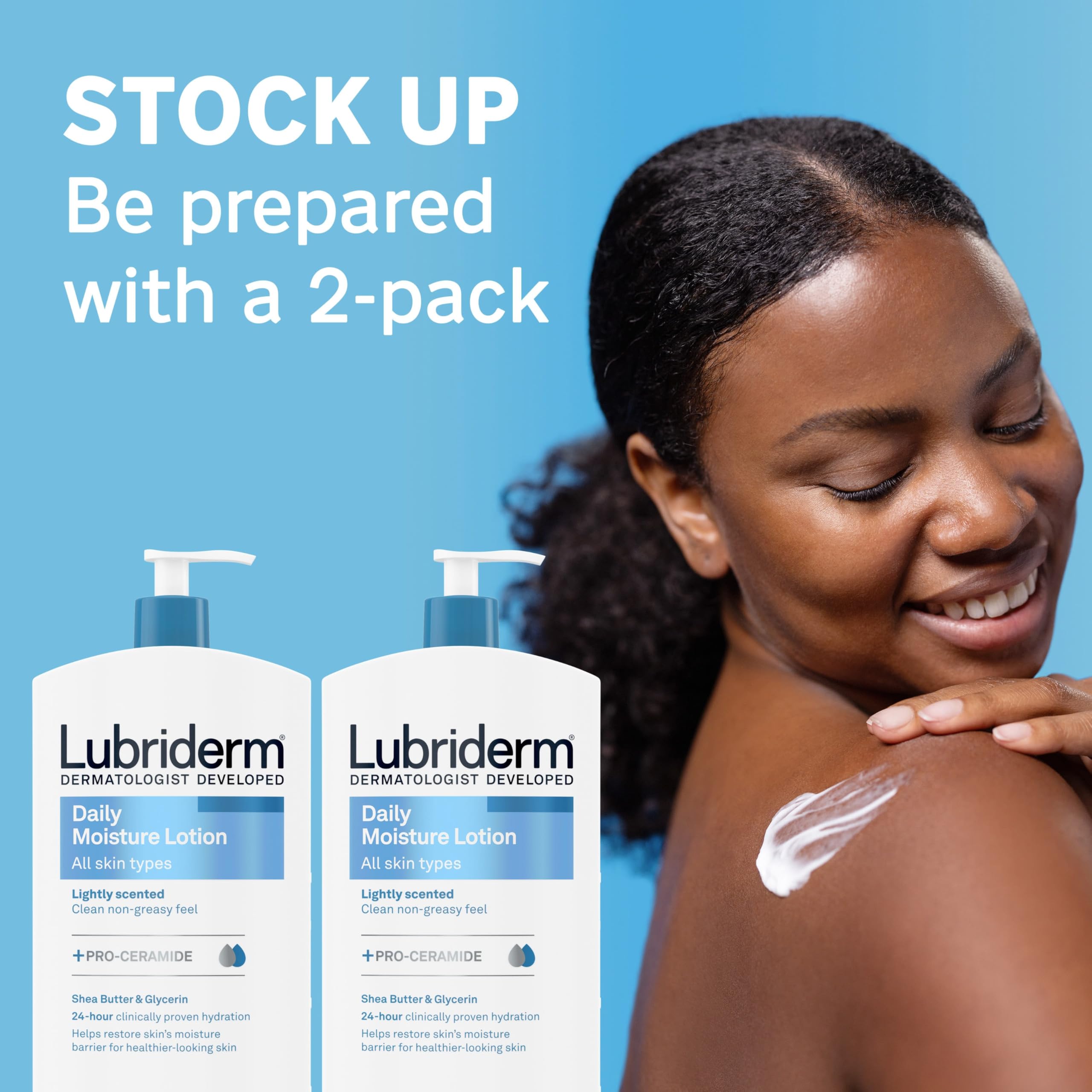 Lubriderm Daily Moisture Lotion + Pro-Ceramide with Shea Butter & Glycerin Helps Moisturize Dry Skin, Hydrating Face, Hand & Body Lotion, Light Scent, Non-Greasy, Twin Pack, 24 fl. oz, 2 Pack